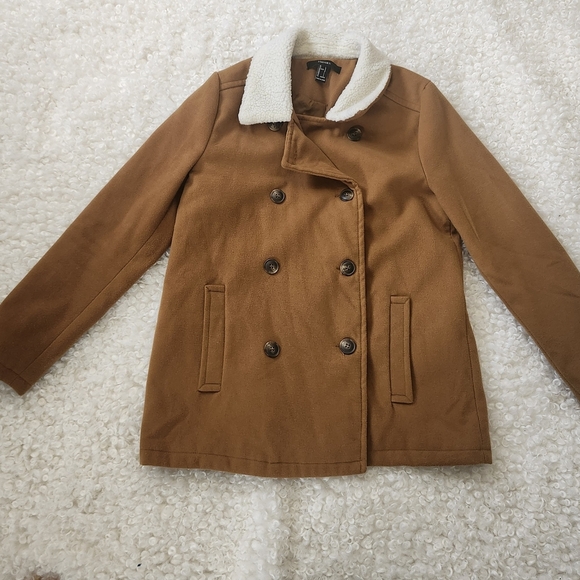 Forever 21 Tan Faux Fur Collar Brown Peacoat L Double Breasted Y2K Fall Winter - Picture 5 of 15